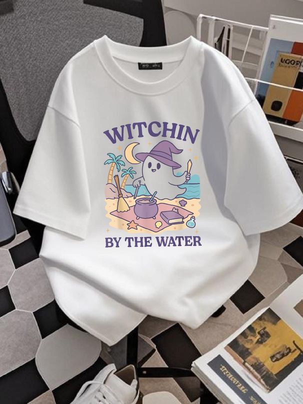 Summerween Beach Halloween Ghost T-Shirt T-Shirt For Women Casual Designer Clothes Fashion Streetwear Graphic Casual Comfortable Unisex Female Summer Versatile Breathable Women Top Graphic Tees Stylish Top For Everyday Wear Stretched Slightly_viptrois.com
