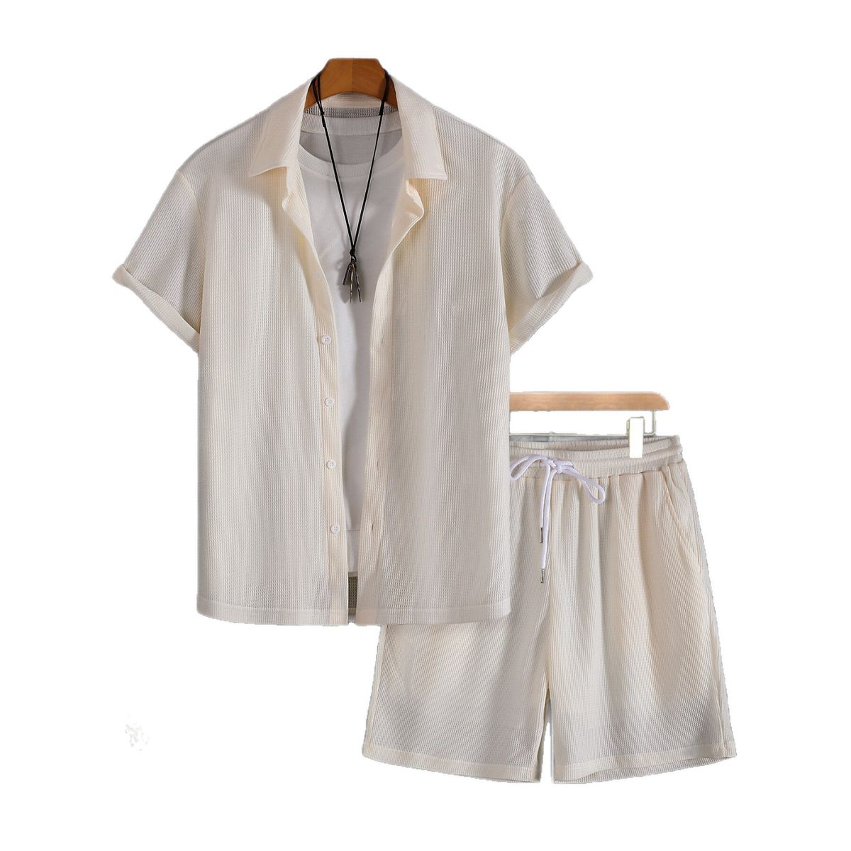 Men's Solid Color Short Sleeve Shirt & Shorts Set - Breathable Casual Sportswear For Youth Fashion_viptrois.com