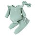 Baby clothing solid color casual pit strip long sleeve small flying sleeve one-piece harshirt trousers three-piece bow headscarf_viptrois.com