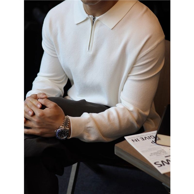 Pure Spring And Autumn New American Style Pine Pattern Half-Zip Knitted Polo Shirt Men's Basic Retro Long Sleeve T-Shirt_viptrois.com