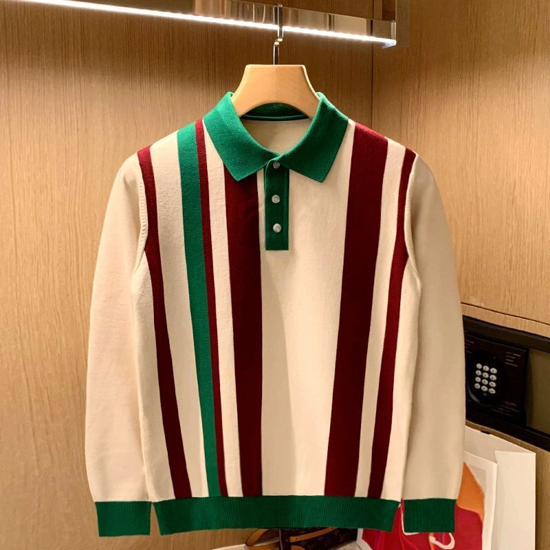 Men's Autumn Light Vertical Striped Knitted Polo Shirt Long-Sleeved Slim Fit Fashion Brand Lapel Sweater For Mature Style_viptrois.com