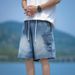 Men's Retro Multi Pocket Denim Shorts Summer Drawstring Loose Wide Leg Mid-Length Cargo Five Point Pants_viptrois.com