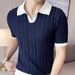 Men's Clothing Summer Breathable Italian Color Matching Light Mature Men's Polo Shirt V Lapel Elastic Texture Slim Short Sleeved Knitted Sweater_viptrois.com