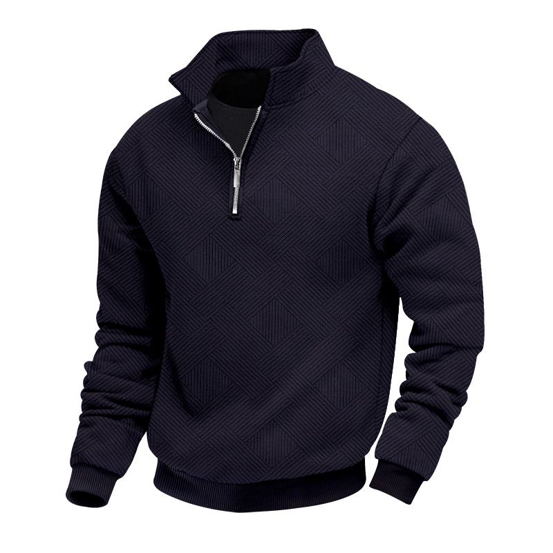 Vintage Heavyweight Jacquard Zip-Up Hoodie For Men - Relaxed Fit Long Sleeve Pullover With Stand Collar (White, Navy, Black, Khaki, Light Gray)_viptrois.com