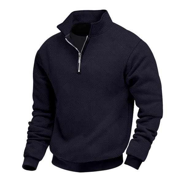 Vintage Heavyweight Jacquard Zip-Up Hoodie For Men - Relaxed Fit Long Sleeve Pullover With Stand Collar (White, Navy, Black, Khaki, Light Gray)_viptrois.com