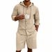 Men's Summer Linen Shirt And Shorts Set Casual Breathable Long Sleeved Solid Color Hooded Takeout American Style Vacation Wear_viptrois.com