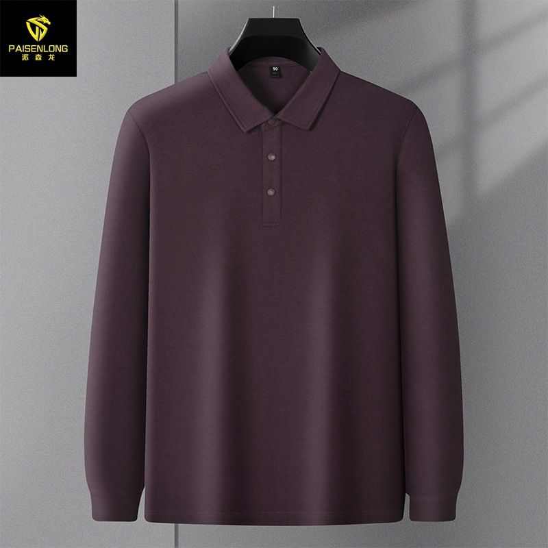 Auumn And Winer Ligh Business Hick Warm Brushed Men's Polo Long Sleeved Middle-Aged Solid Color Lapel Base 7F9_viptrois.com