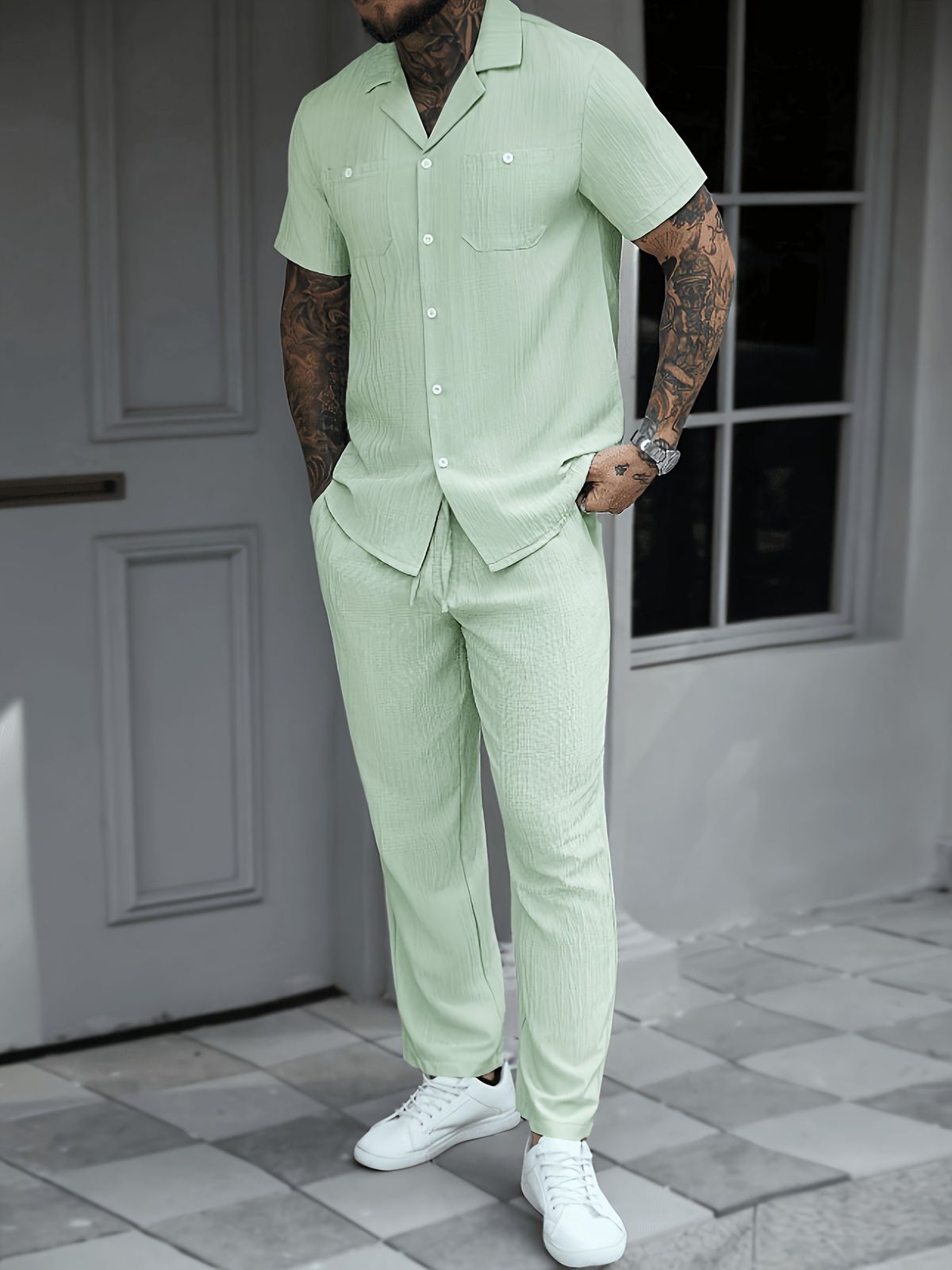 Men's Solid Color Breathable Long Sleeved Shirt And Drawstring Pants Two Piece Set European American Style Cross Border Fashion 2026_viptrois.com