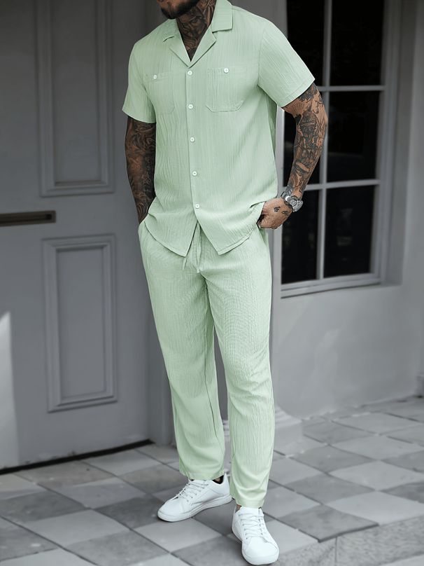 Men's Solid Color Breathable Long Sleeved Shirt And Drawstring Pants Two Piece Set European American Style Cross Border Fashion 2026_viptrois.com