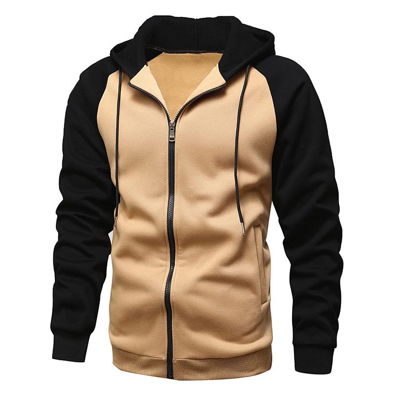 Autumn Winter New Color-Block Zipper Cardigan Fleece Sweatshirt Plus Size Casual Hooded Jacket Men's Clothing_viptrois.com