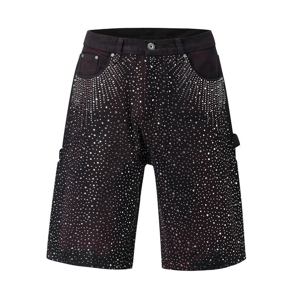 Blackicon High Street Loose Casual Full Rhinestone Destroyed Double Knee Logging Seven-point Jeans_viptrois.com