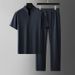 Men's Clothing Ice Silk Stand Collar Short Sleeved Sports Casual Fashion Handsome Loose Casual Tencel Two Piece Suit_viptrois.com