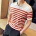 Summer Men's Ice Silk Thin Polo Shirt V Neck Short Sleeve Knitted Horizontal Striped Turn down Collar Trendy T-Shirt_viptrois.com