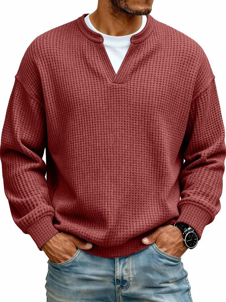 Men's Waffle-Knit Mock Layered Tee – Oversized Drop-Shoulder Long Sleeve Shirt In Lavender/Mint/Wine/Light Grey/Black/Navy/Cream/Blue (7XL Sizing)_viptrois.com