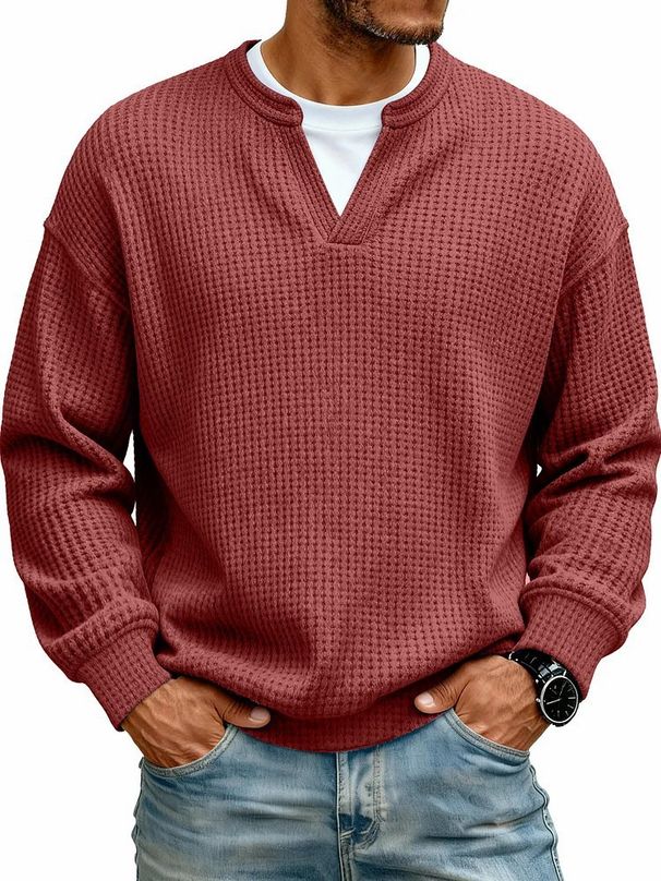 Men's Waffle-Knit Mock Layered Tee – Oversized Drop-Shoulder Long Sleeve Shirt In Lavender/Mint/Wine/Light Grey/Black/Navy/Cream/Blue (7XL Sizing)_viptrois.com