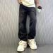 Men's Clothing Print High Street Fashion Brand Ins Design Jeans Loose Straight Washed Wide Leg Long Pants_viptrois.com