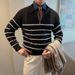 Men's Fashion Knit Sweater – Half-Zip Striped Pullover With Relaxed Fit (M-3XL, Black/Navy)_viptrois.com