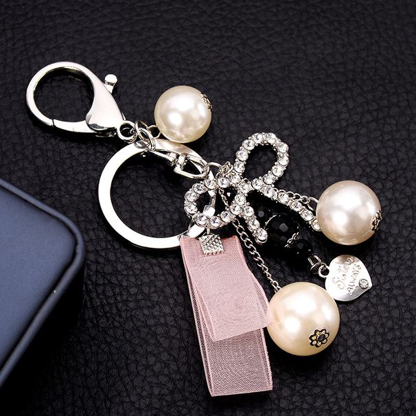 Version Pearl Ribbon Heart Keychain Bag Pendant Diamond Bow Creative Gift_viptrois.com