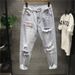 Men's Clothing Street Washed Distressed Ripped Jeans For Men Spring And Autumn Straight High Street Vibe Style Handsome Long Pants_viptrois.com