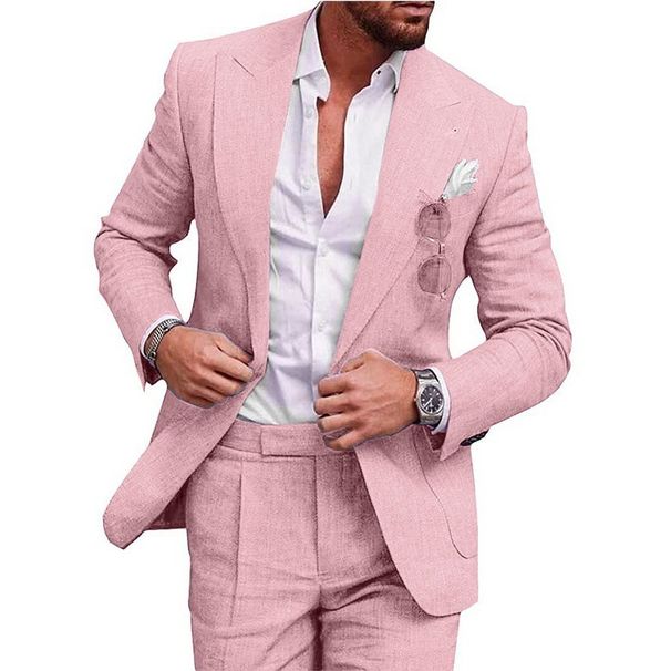 Men's Clothing linen new men's large size grab lapel suit two piece suit single row one button suit stock_viptrois.com