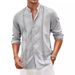 Men's Clothing Men's Cotton And Linen Blended Cardigan Button Solid Color Daily Casual Stand Up Collar Long Sleeved Shirt_viptrois.com