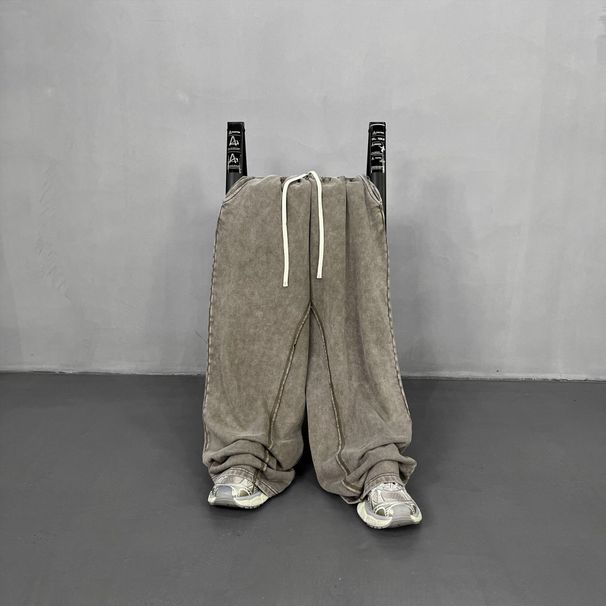 Men's Vintage Washed Cotton Cargo Pants – Relaxed Fit, Drawstring Waist & Patchwork Design (S-XXL, Black/Coffee/Charcoal)_viptrois.com