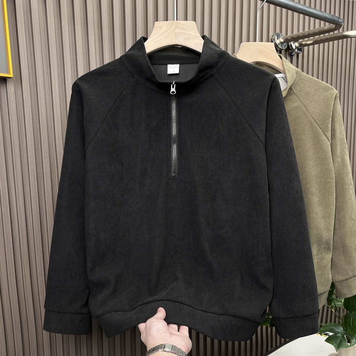 Men's Textured Stand Collar Half-Zip Sweatshirt - Casual Loose Fit Long Sleeve Pullover In Green & Black (M-3xl)_viptrois.com