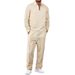 Autumn New Waffle Solid Color Lapel Half Zip Long Sleeve Polo Shirt Trousers Casual Suit_viptrois.com