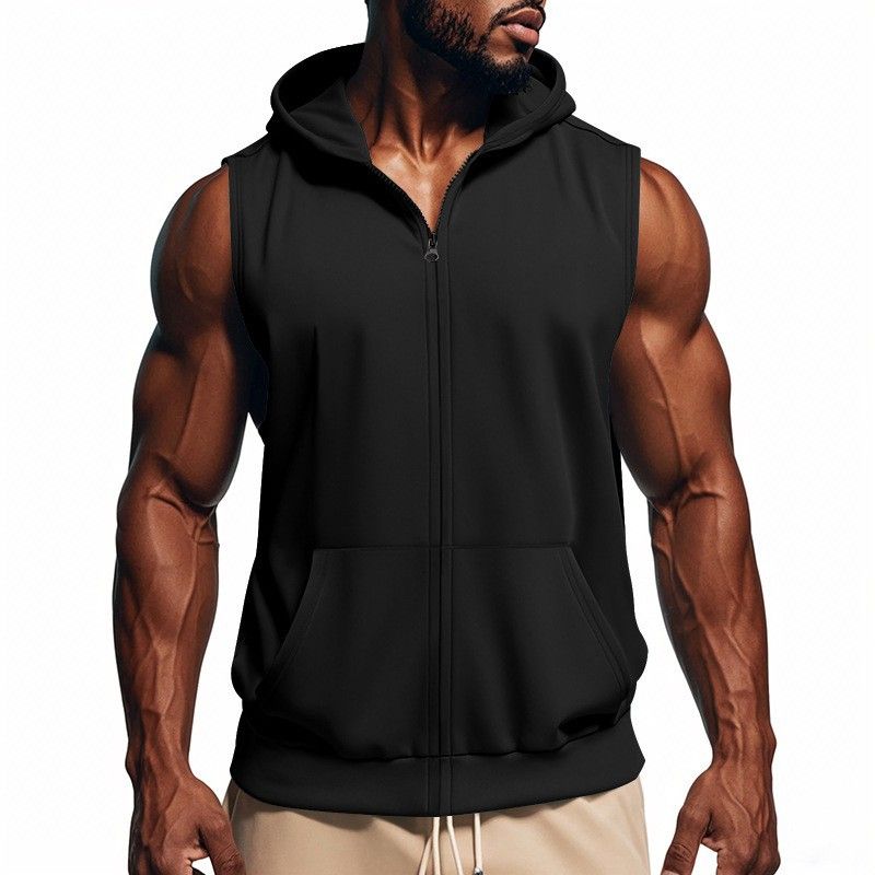 Men's Sports Fitness Training Zipper Hooded Cardigan Sleeveless Loose Breathable Vest_viptrois.com