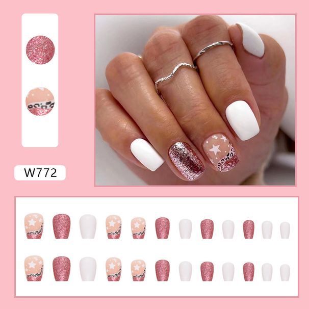 Flash Red Pink Small T Short Ballet Milky White Solid Color Full Nail Star Nail Leopard Stripe Wear Nail Piece Batch_viptrois.com
