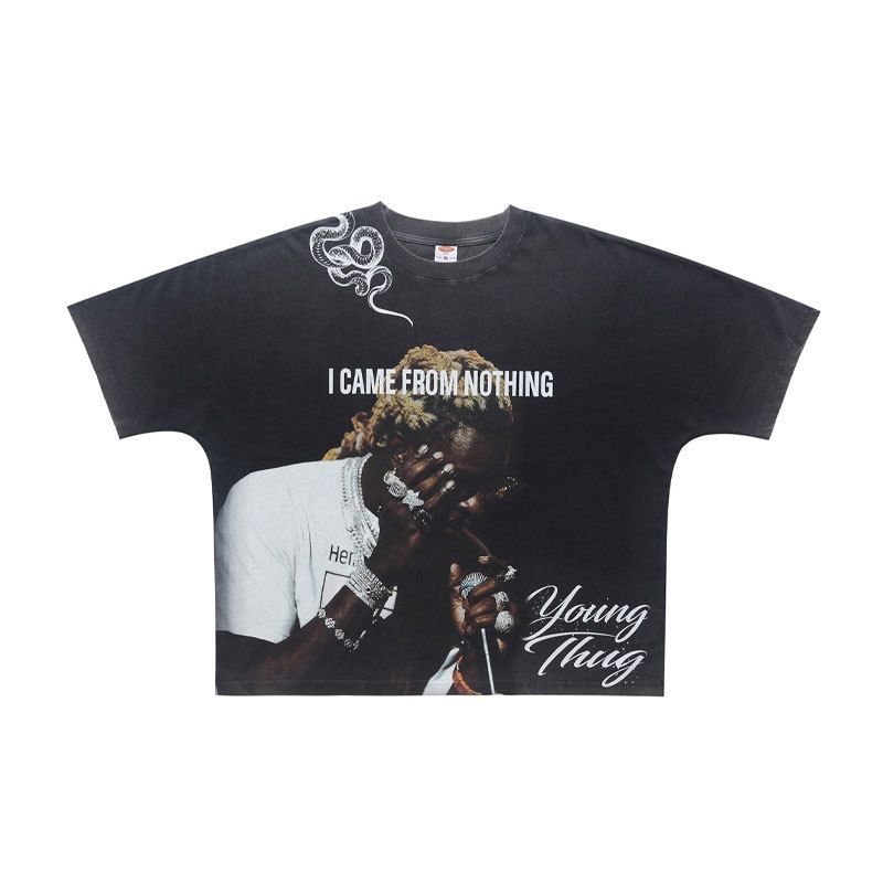 American Vintage Singer Portrait All-over Print Washed Distressed Loose One-piece Cut Short-sleeve T-shirt_viptrois.com