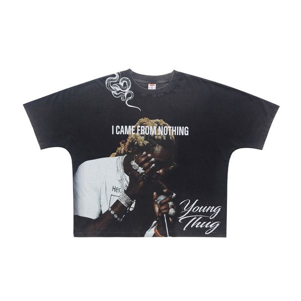 American Vintage Singer Portrait All-over Print Washed Distressed Loose One-piece Cut Short-sleeve T-shirt_viptrois.com