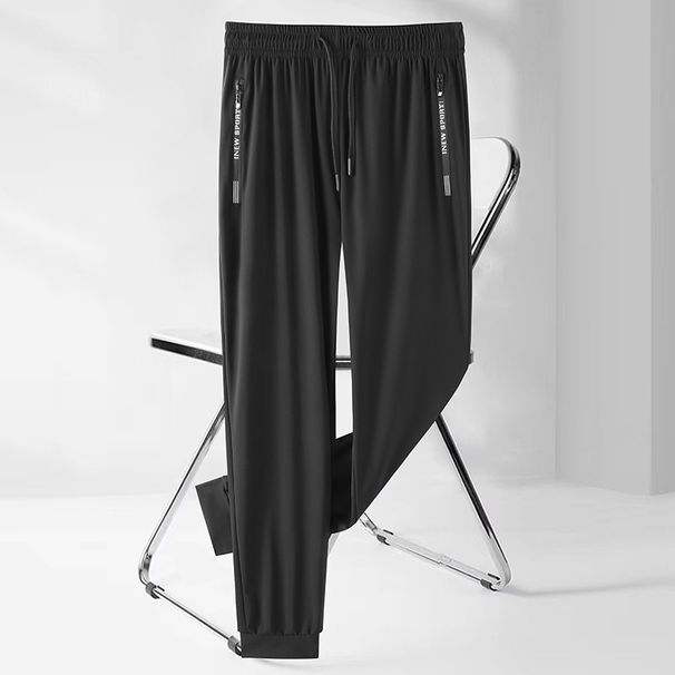 "Men's Loose-Fit Quick-Dry Nylon Pants With Zipper & Drawstring - Summer Ice Silk Fabric For Sports & Casual Wear (Black/Gray)"_viptrois.com