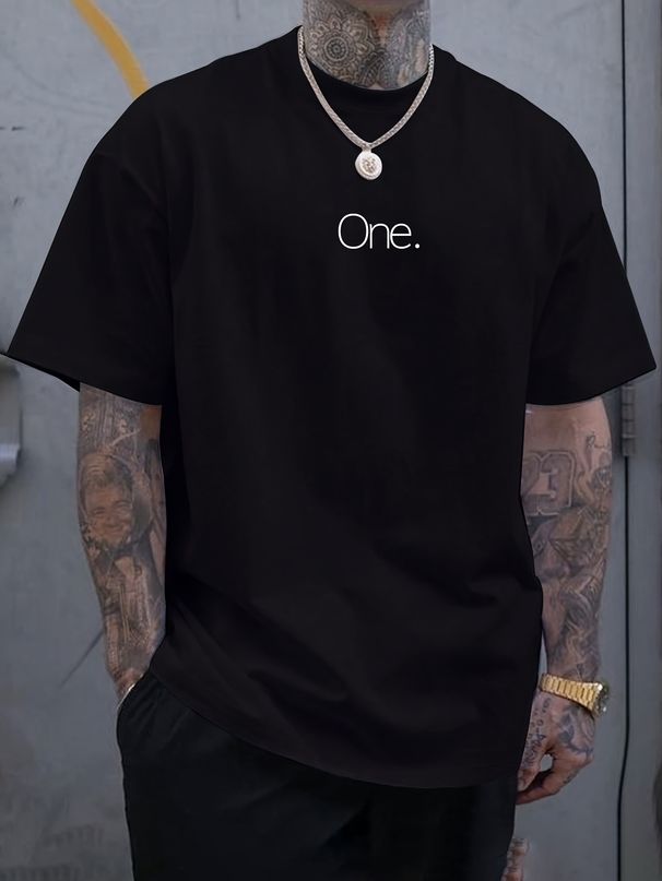 Maglietta Uomo Girocollo 180g Cotone Puro Traspirante Con Stampa Grafica "One" Bianca E Nera, Vestibilità Regolare Estiva Casual_viptrois.com