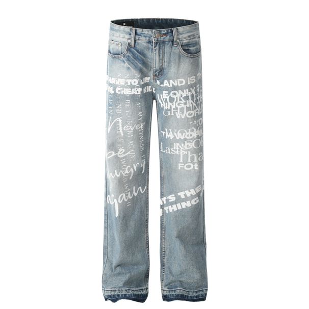 Men's Clothing Retro Autumn And Winter Neutral Trendy Printed Letters High End Men's Loose Leg Jeans_viptrois.com