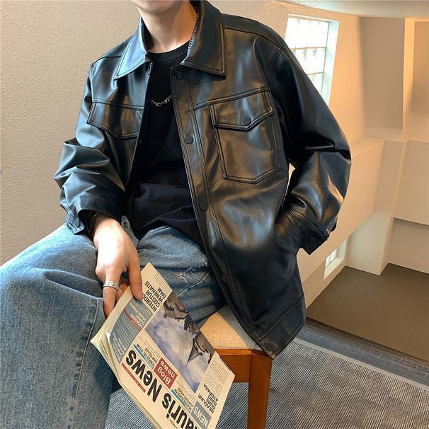 American Spring Autumn Motorcycle Men's Korean Edition PU Leather Trendy Brand Loose And Versatile Handsome Jacket Coat_viptrois.com