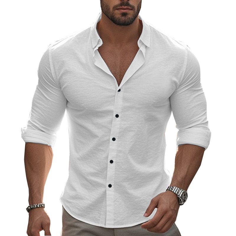 Men's Casual Long Sleeved Shirt Solid Color Lapel Button Down Cotton Beach Top Style New_viptrois.com