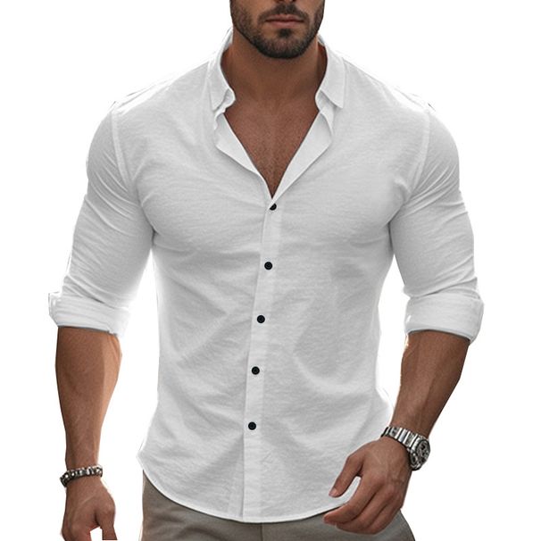 Men's Casual Long Sleeved Shirt Solid Color Lapel Button Down Cotton Beach Top Style New_viptrois.com