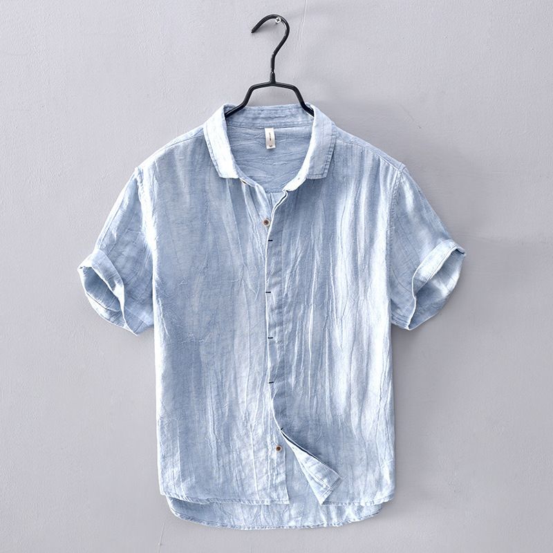 Men's Clothing Linen Short Sleeve Casual T-Shirt Relaxed Fit V-Neck Retro Breathable Shirt(White, Hemp, Gray, White Collar, Light Blue Collar)_viptrois.com