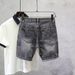Men's Clothing Ripped Denim Shorts Men's Summer New Style Black And Gray Slim Straight Pants High Street All Match Shorts_viptrois.com