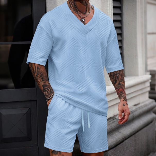 Men’s Solid & Jacquard Short Sleeve Tee & Shorts Set – Breathable Spring/Summer Casual Outfit_viptrois.com