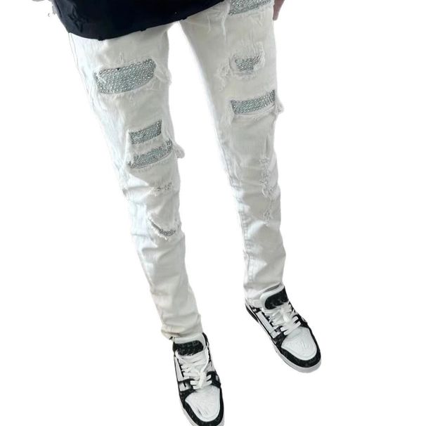2025 Trend Spring New American High Street Distressed Jeans For Men With Rhinestones Slim Straight Pants_viptrois.com