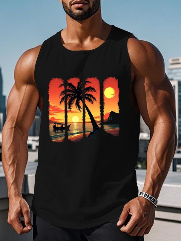Canotta Uomo Girocollo 100% Cotone Stampa Tramonto Spiaggia Traspirante Senza Maniche Vacanze Casual Multicolore_viptrois.com