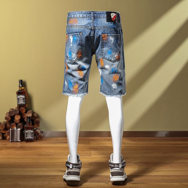 Spring Thin Youth Ink Splash Ripped Denim Shorts Men's Korean Style Slim Fit Five-Point Breeches Casual Mid-Length Pants_viptrois.com