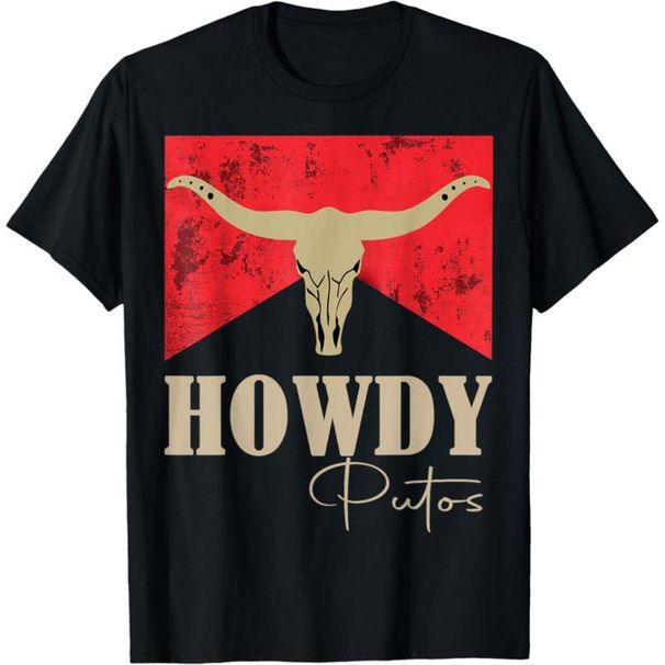 100% Algodón Camiseta Gráfica Vaquero Occidental Con Calavera De Toro Howdy Putos Para Hombres Y Mujeres_viptrois.com