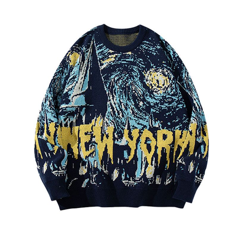 Retro Space Print Sweater – Oversized Unisex Knit Pullover With Cosmic Design (Blue, S/M/L/XL)_viptrois.com