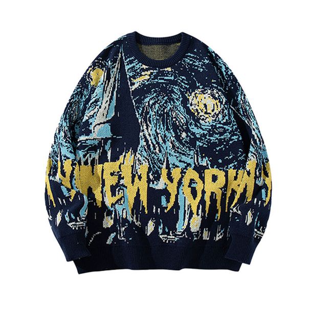 Retro Space Print Sweater – Oversized Unisex Knit Pullover With Cosmic Design (Blue, S/M/L/XL)_viptrois.com