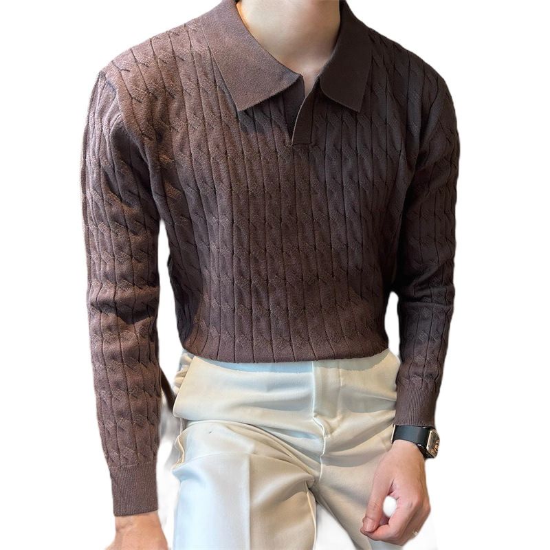 Oversized Men's Long Sleeve Polo Shirt Knit Business Casual V-Neck Relaxed Fit T-Shirt Lightweight Polyester for Office And Travel S-2XL_viptrois.com