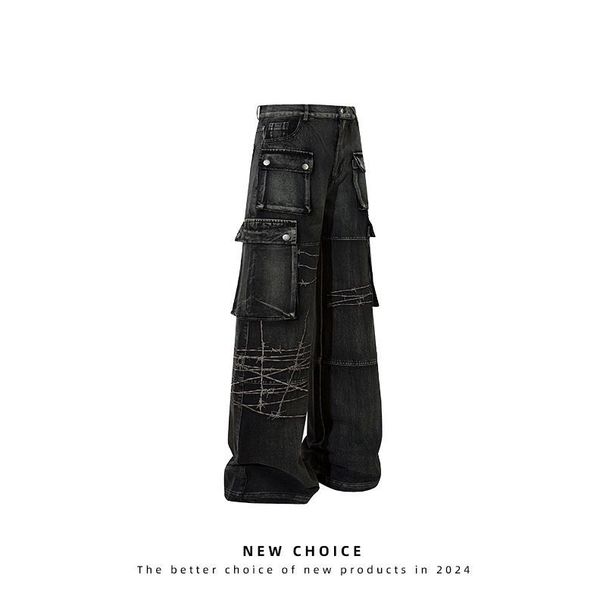 Men's Clothing Jeans men's high street retro heavy embroidery multi pocket workwear men's winter hip hop brand loose straight_viptrois.com