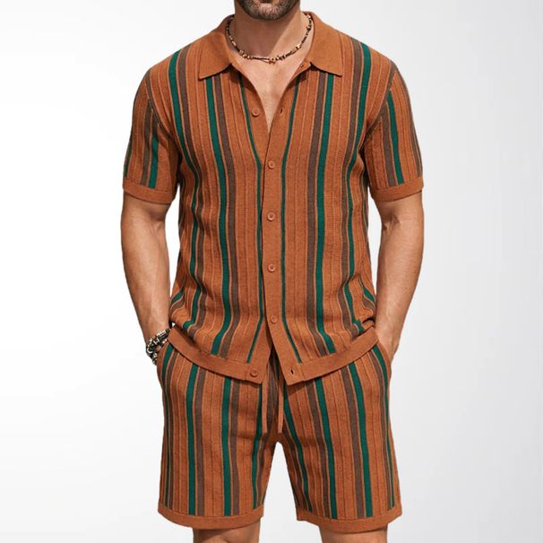 Cross Border Men's Clothing, European And American Style, Men's Knitted Casual Suit, Short Sleeved Jacquard Striped Polo Shirt, Two Piece Set SY0027_viptrois.com